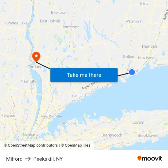 Milford to Peekskill, NY map