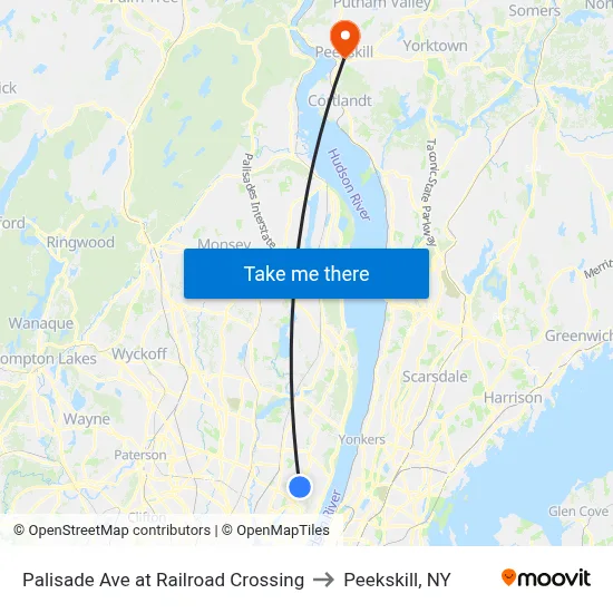 Palisade Ave at Railroad Crossing to Peekskill, NY map