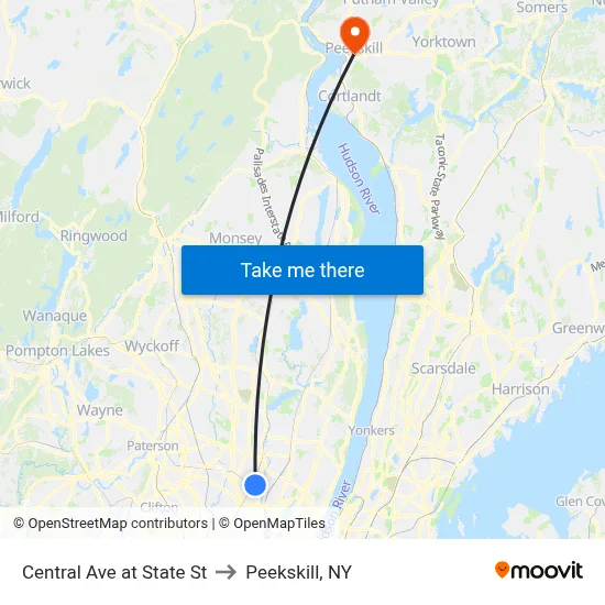 Central Ave at State St to Peekskill, NY map