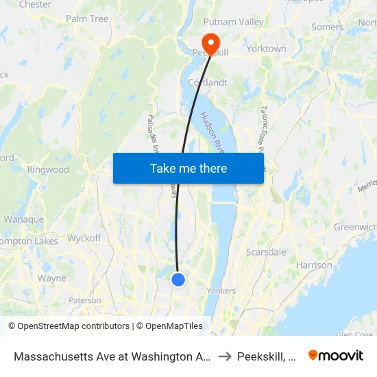 Massachusetts Ave at Washington Ave to Peekskill, NY map