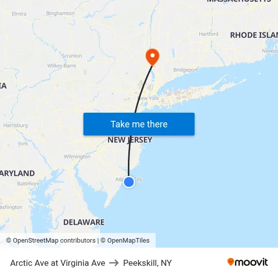 Arctic Ave at Virginia Ave to Peekskill, NY map