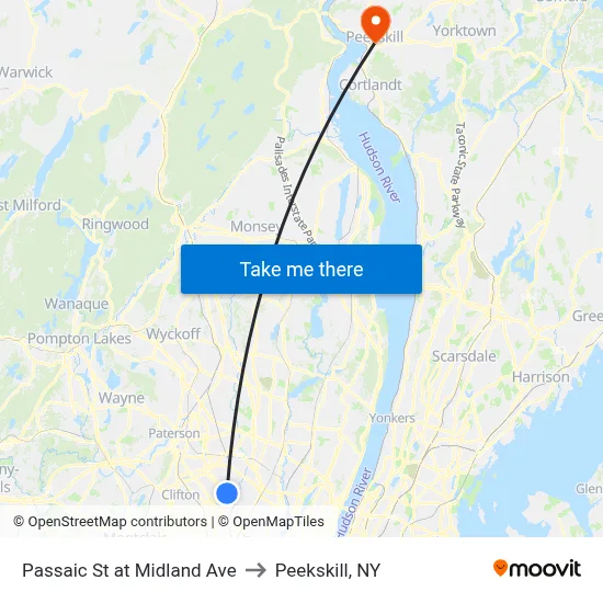 Passaic St at Midland Ave to Peekskill, NY map