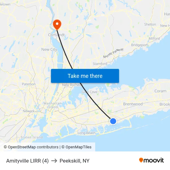 Amityville LIRR (4) to Peekskill, NY map