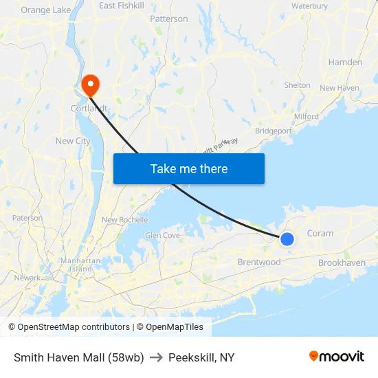 Smith Haven Mall (58wb) to Peekskill, NY map