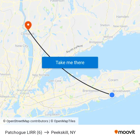 Patchogue LIRR (6) to Peekskill, NY map