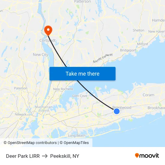 Deer Park LIRR to Peekskill, NY map