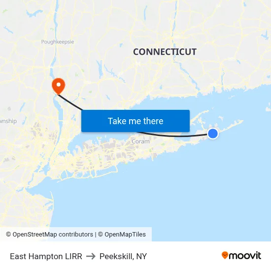 East Hampton LIRR to Peekskill, NY map