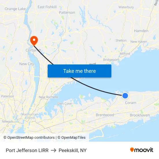 Port Jefferson LIRR to Peekskill, NY map