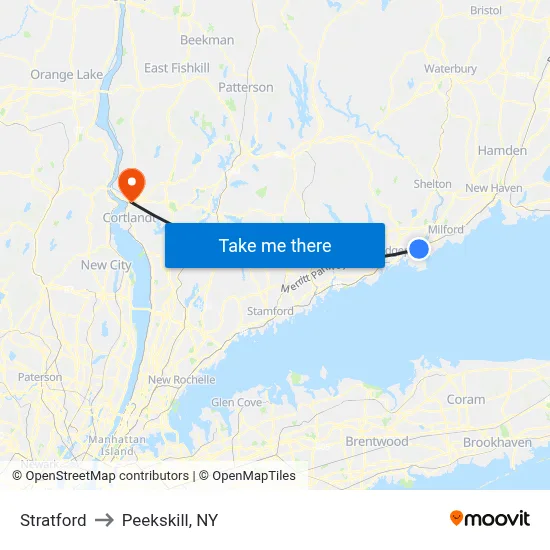Stratford to Peekskill, NY map