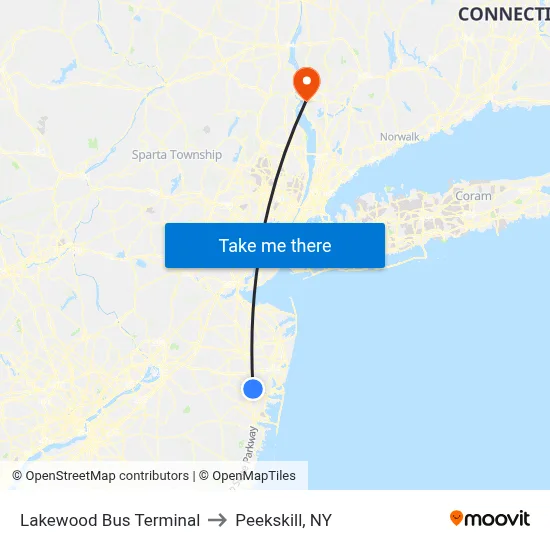 Lakewood Bus Terminal to Peekskill, NY map