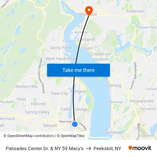 Palisades Center Dr. & NY 59 Macy's to Peekskill, NY map