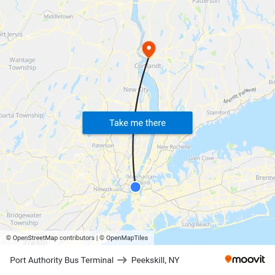 Port Authority Bus Terminal to Peekskill, NY map