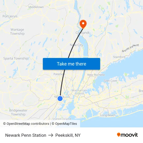 Newark Penn Station to Peekskill, NY map