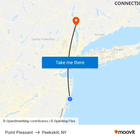 Point Pleasant to Peekskill, NY map