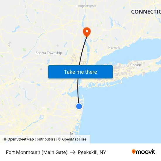 Fort Monmouth (Main Gate) to Peekskill, NY map