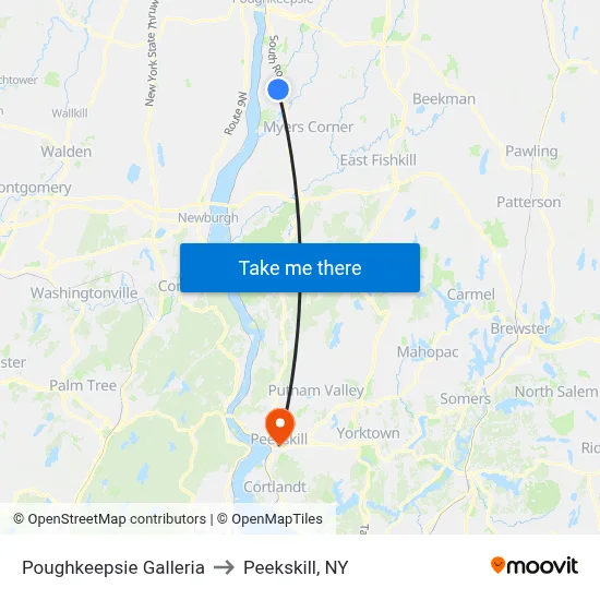 Poughkeepsie Galleria to Peekskill, NY map