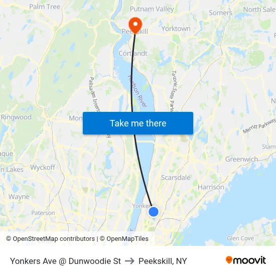 Yonkers Ave @ Dunwoodie St to Peekskill, NY map