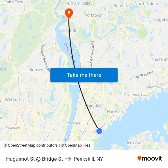 Huguenot St @ Bridge St to Peekskill, NY map