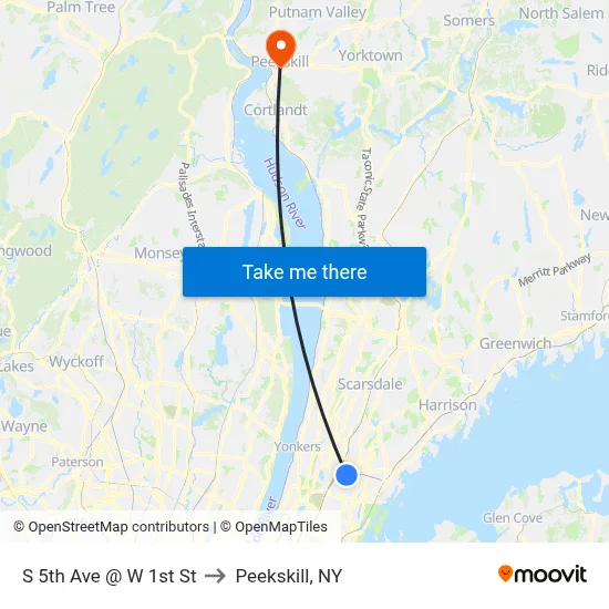 S 5th Ave @ W 1st St to Peekskill, NY map