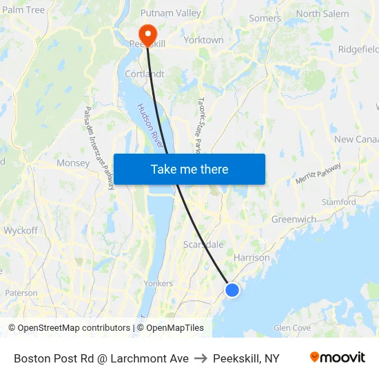 Boston Post Rd @ Larchmont Ave to Peekskill, NY map