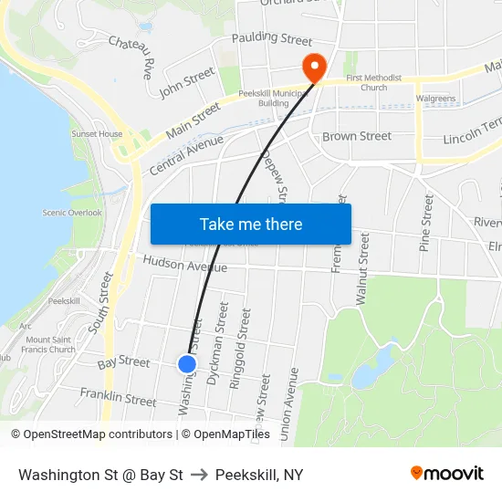 Washington St @ Bay St to Peekskill, NY map
