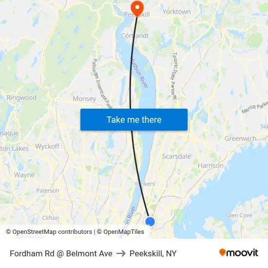 Fordham Rd @ Belmont Ave to Peekskill, NY map