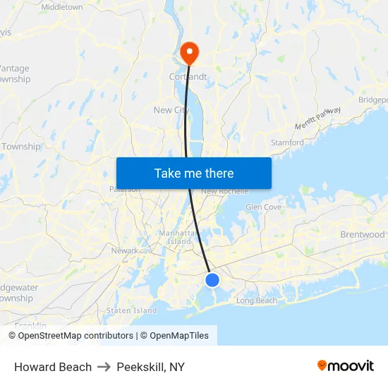 Howard Beach to Peekskill, NY map