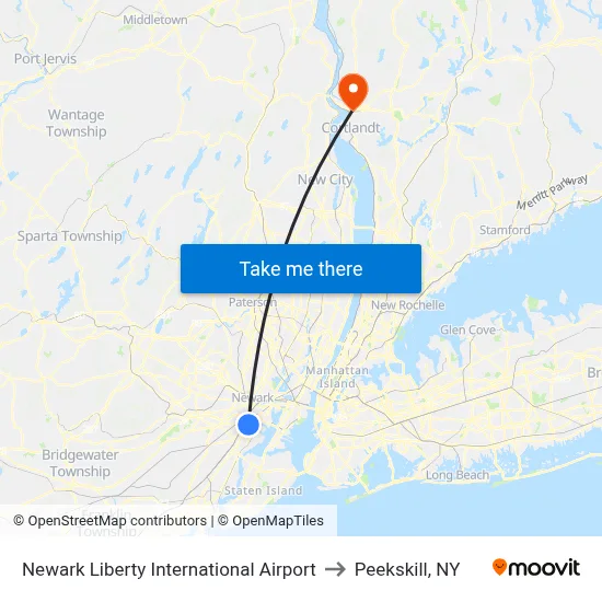 Newark Liberty International Airport to Peekskill, NY map