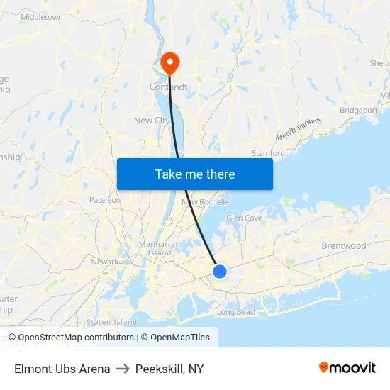 Elmont-Ubs Arena to Peekskill, NY map