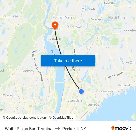 White Plains Bus Terminal to Peekskill, NY map