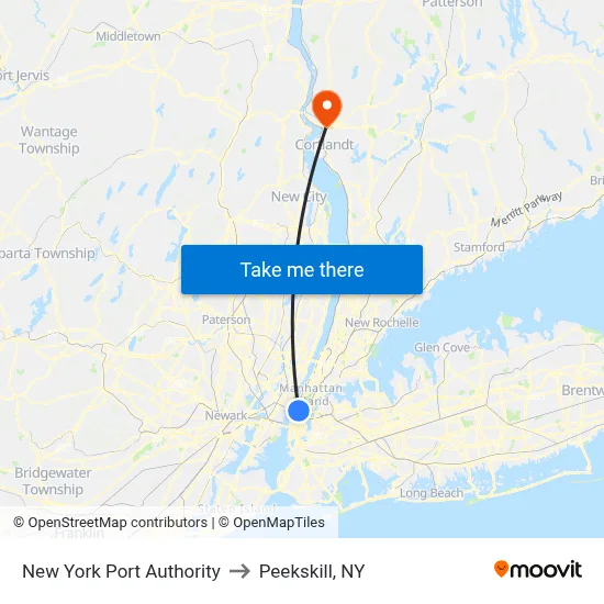New York Port Authority to Peekskill, NY map