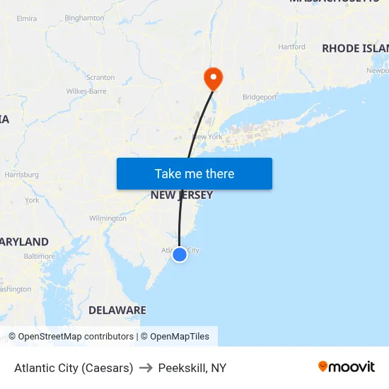 Atlantic City (Caesars) to Peekskill, NY map
