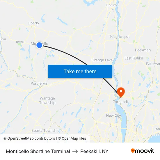 Monticello Shortline Terminal to Peekskill, NY map