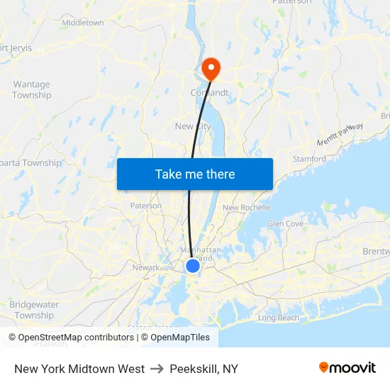 New York Midtown West to Peekskill, NY map