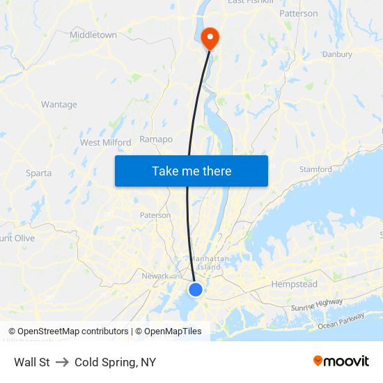 Wall St to Cold Spring, NY map