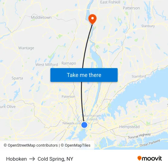 Hoboken to Cold Spring, NY map
