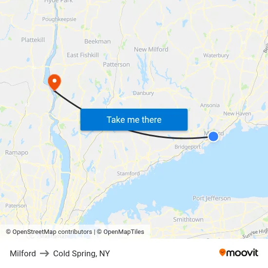 Milford to Cold Spring, NY map