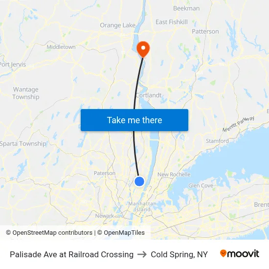 Palisade Ave at Railroad Crossing to Cold Spring, NY map
