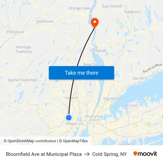 Bloomfield Ave at Municipal Plaza to Cold Spring, NY map
