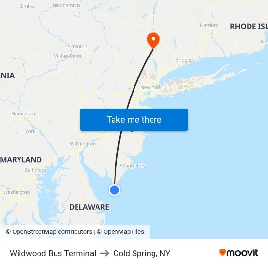 Wildwood Bus Terminal to Cold Spring, NY map