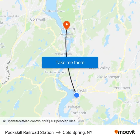 Peekskill Railroad Station to Cold Spring, NY map