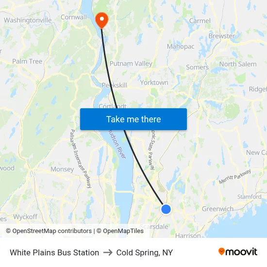 White Plains Bus Station to Cold Spring, NY map