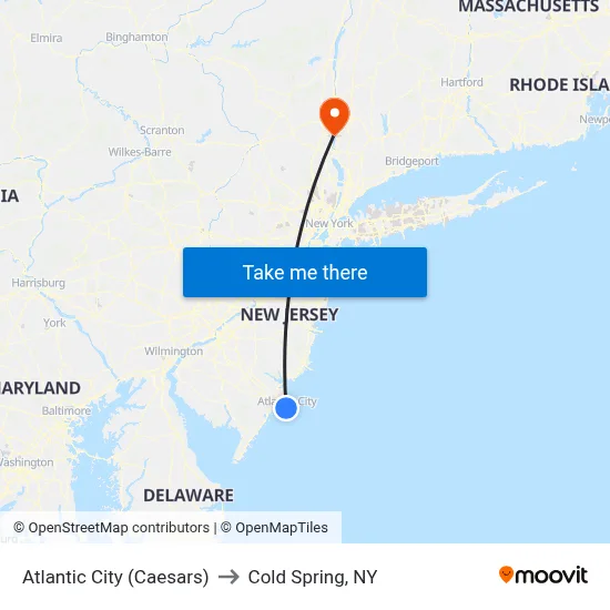 Atlantic City (Caesars) to Cold Spring, NY map