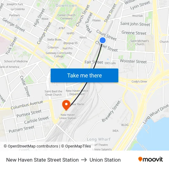 New Haven State Street Station to Union Station map