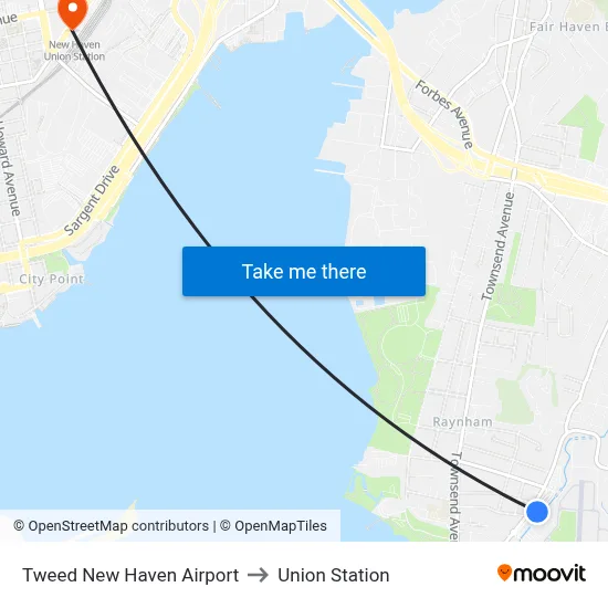 Tweed New Haven Airport to Union Station map