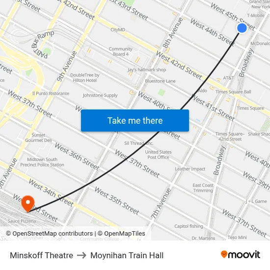 Minskoff Theatre to Moynihan Train Hall map
