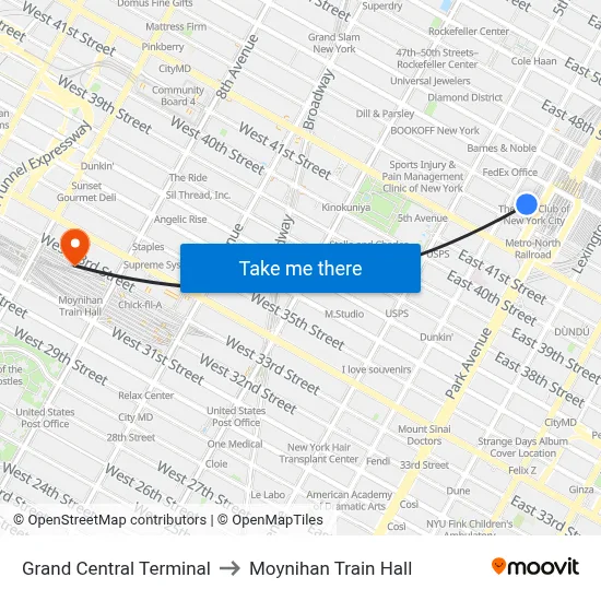 Grand Central Terminal to Moynihan Train Hall map