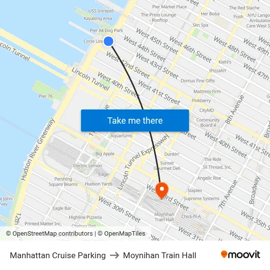 Manhattan Cruise Parking to Moynihan Train Hall map