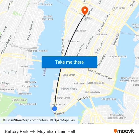 Battery Park to Moynihan Train Hall map