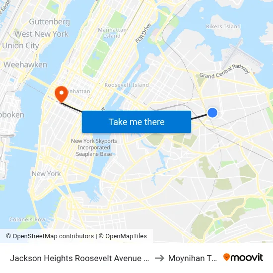 Jackson Heights Roosevelt Avenue 74th Street Station to Moynihan Train Hall map